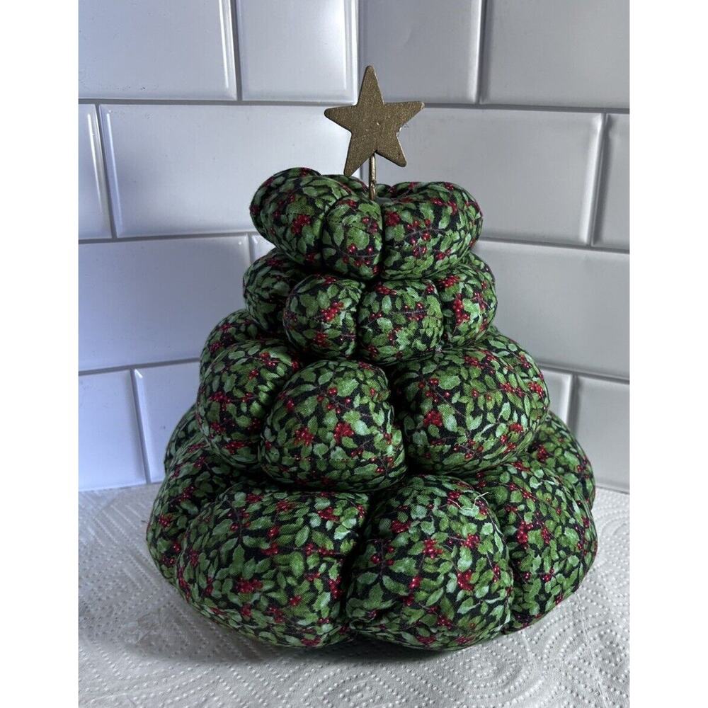 Handmade Green And Red Holly Berry Stuffed Fabric Christmas Tree Table Top Decor